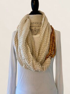 Anthropologie Cream Polka Dot Infinity Scarf with Wooden Bead Accent